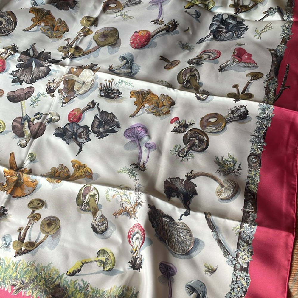 Authentic Hermès Paris Silk Scarf with Champignons Mushroom Watercolor vintage